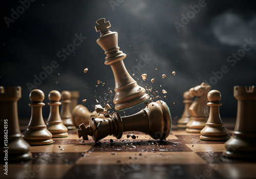Chess pieces on chessboard with broken king figure in game. Chess pieces are scattered on the board in dramatic scene