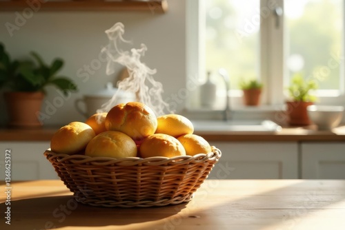 Warm, freshly baked rolls in a wicker basket on a sunlit kitchen counter, emanating a delightful aroma.