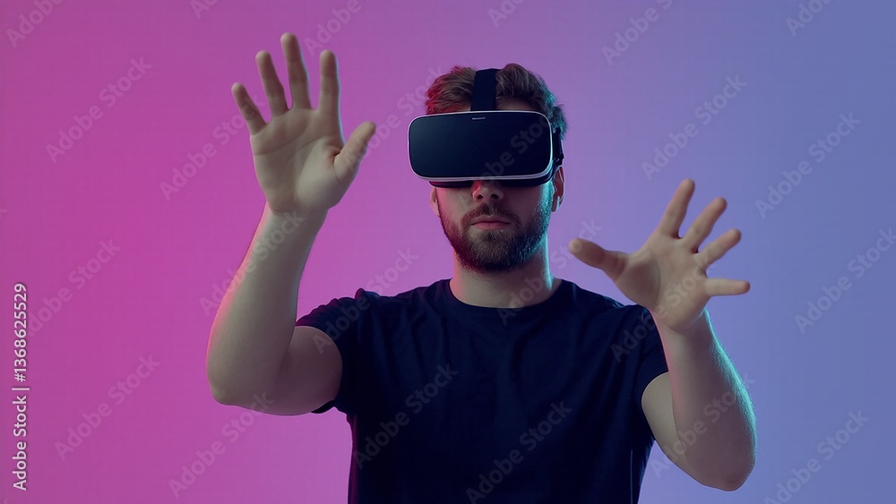 Man wearing vr headset interacts with virtual environment in studio setting with gradient background details Man wearing vr headset interacts with virtual environment in studio setting with gradient background details
