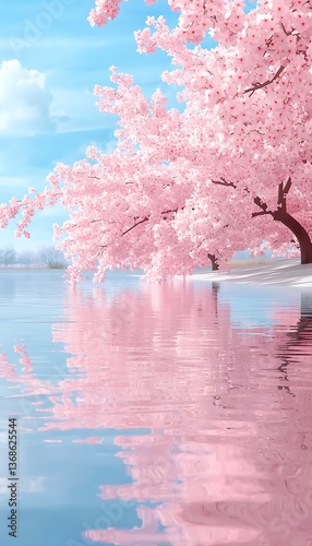 Pink Cherry Blossoms Lake Scene
