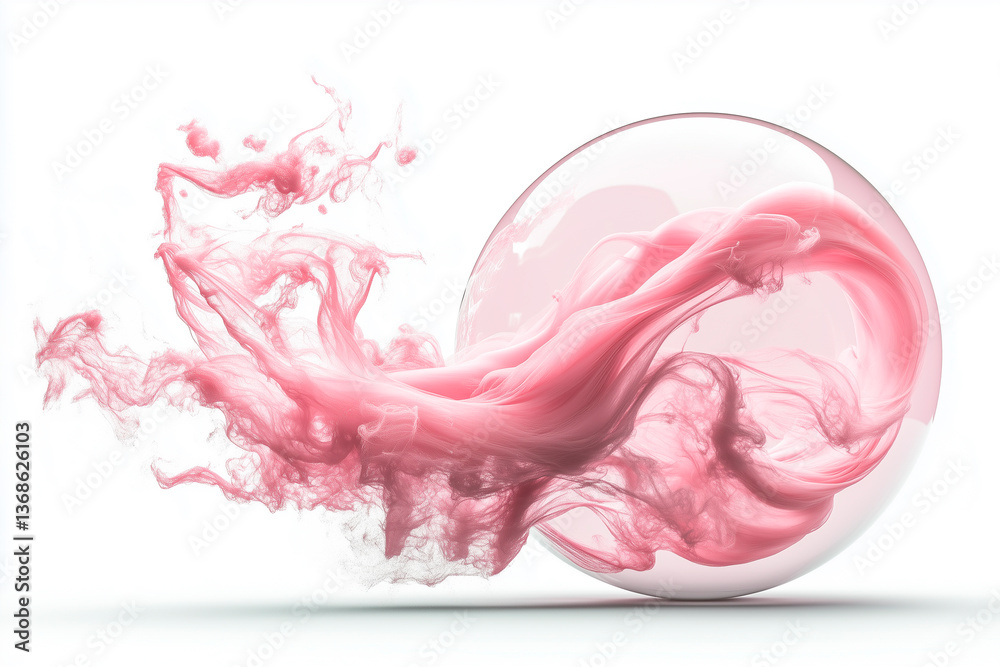 Fototapeta premium A close-up of a giant pink bubble gum balloon popping, thin gum strands stretching and curling as they snap, ultra-detailed textures, hyperrealistic, high-speed photography, isolated on a 100% white 
