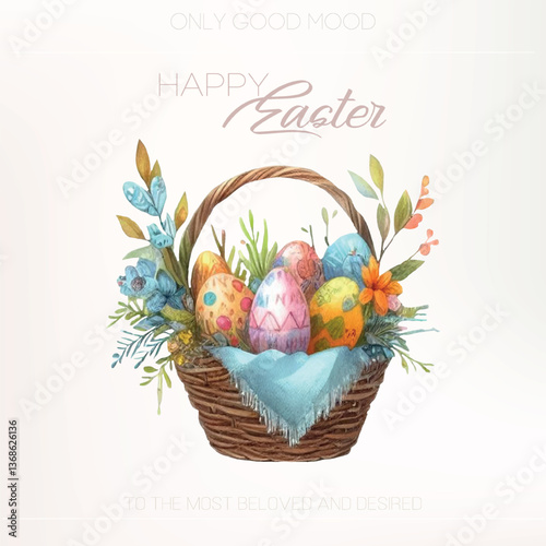 Soft watercolor illustration of an Easter basket filled with wildflowers and colored eggs for springtime projects.