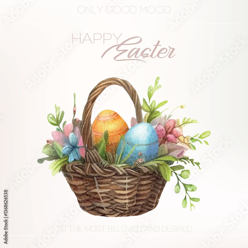 Romantic watercolor Easter basket with roses and pastel Easter eggs, ideal for feminine and delicate projects.