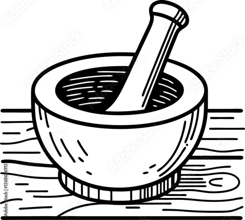 herbal medicine mortar and pestle illustration on wooden background