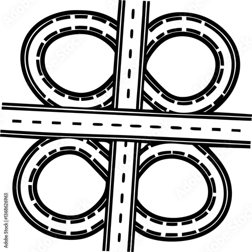 Abstract highway interchange black and white road design, traffic loop illustration, geometric pattern