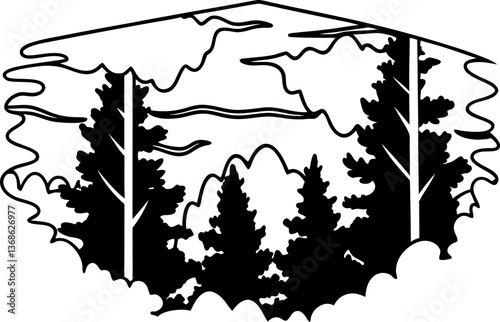 Silhouetted forest landscape with tall pines and flowing clouds in abstract design