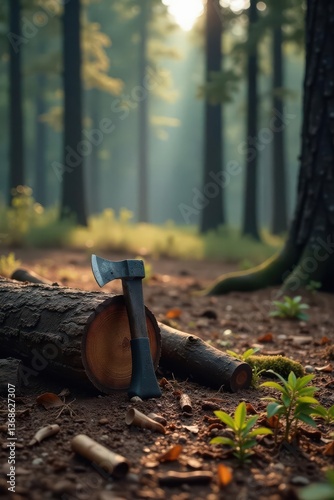 A small axe rests on a fallen log in a sun-dappled forest, surrounded by the earthy tones of nature