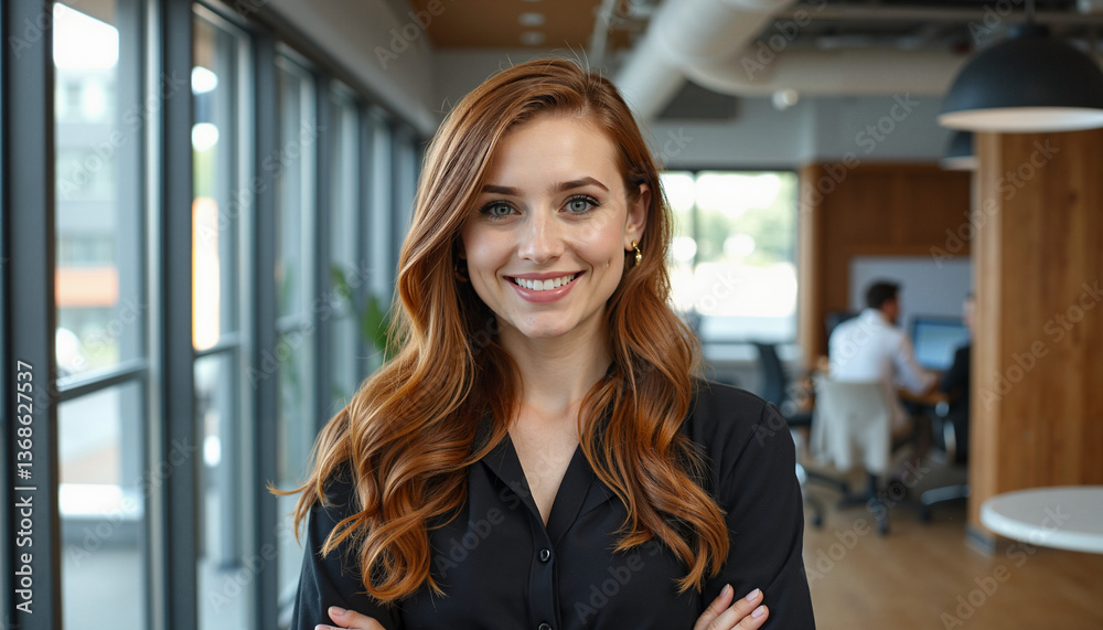 Obraz premium Confident woman smiling in modern office environment 