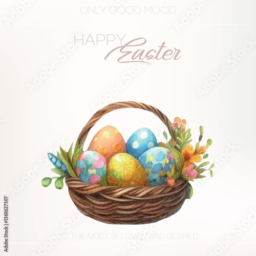 Soft Easter basket with snowdrops and pastel eggs – watercolor vector