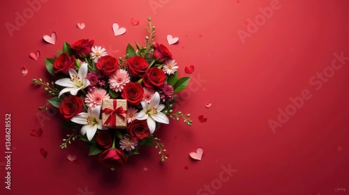 A romantic arrangement of red roses, lilies, and other blossoms artfully shaped into a heart, featuring a small gift, scattered amidst delicate paper hearts on a rich crimson backdrop.