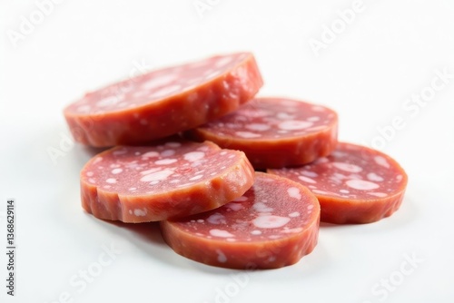 Close-up of appetizing sliced cured sausage, showcasing its rich color and speckled texture on a pristine white background.