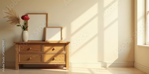 Sunlight illuminates a minimalist interior with a wooden dresser, displaying empty picture frames and a vase with a single flower.