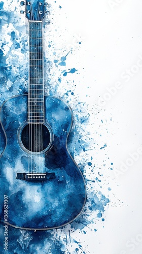 Watercolor blue acoustic guitar on clean white background with paint splatter