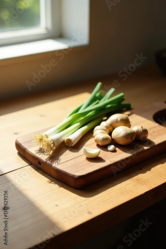Sunlit Kitchen Scene Fresh Spring Onions, Ginger, and Garlic on Rustic Wooden Cutting Board