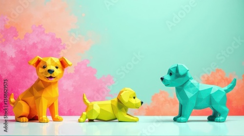Three Geometric Canine Sculptures on a Pastel Background Featuring Vibrant Hues and Playful Poses