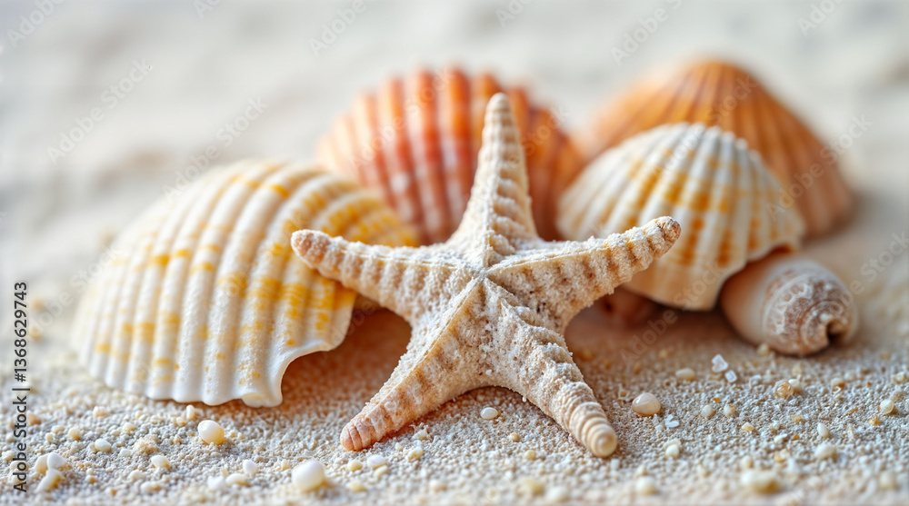 Cinematic Beach Scene with Vibrant Seashells Cinematic Beach Scene with Vibrant Seashells