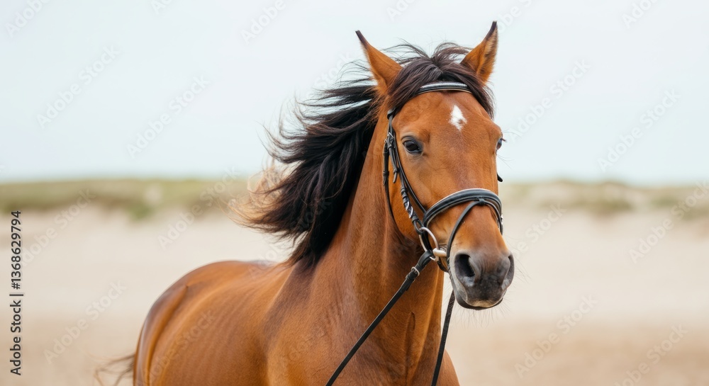 Obraz premium Majestic brown horse with bridle on windswept beach