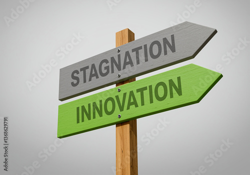 Signpost showing stagnation and innovation directions on wooden pole offering choice between stagnation and innovation concept