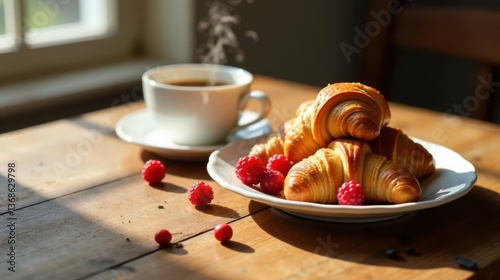 A delightful morning scene featuring freshly baked croissants, a steaming cup of coffee, and a scattering of ripe raspberries on a sun-drenched wooden table