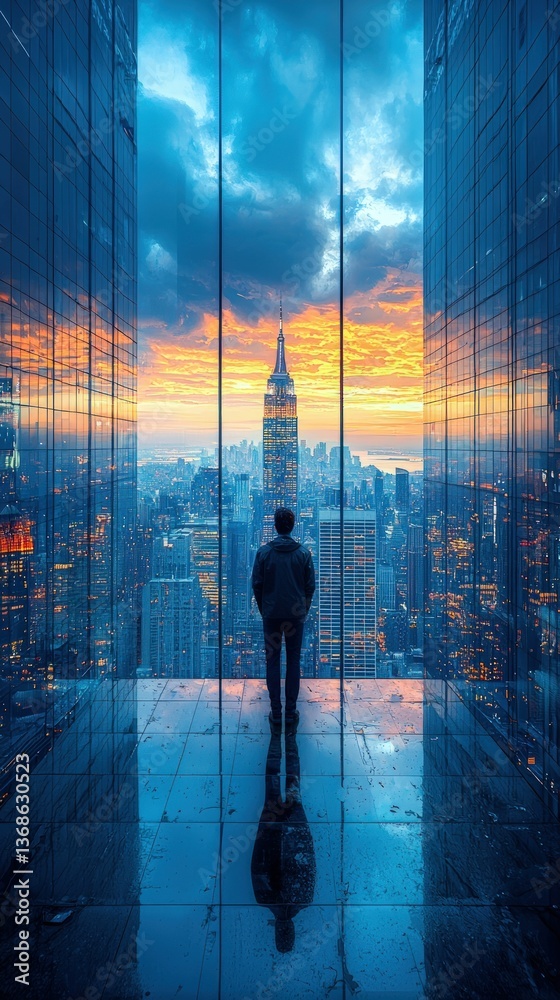 Fototapeta premium Man contemplates city sunset view from skyscraper