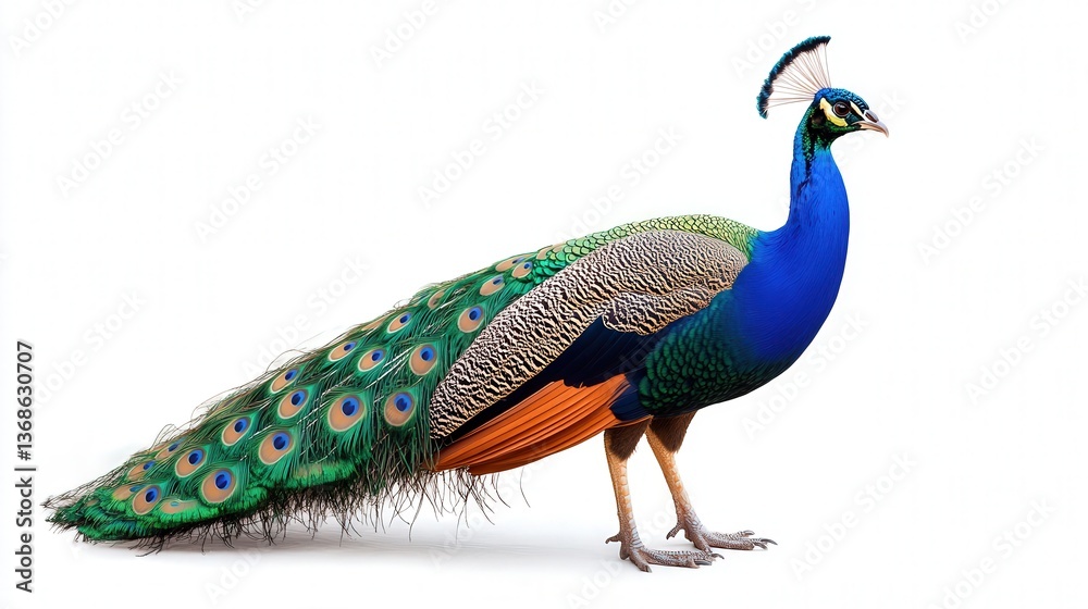 Fototapeta premium Vibrant, colorful peacock displaying its feathers against a white background.