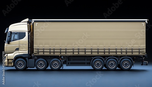 Beige semi-trailer truck on dark background.