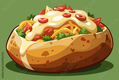 vector of Loaded baked potato with cheese, bacon, and sour cream