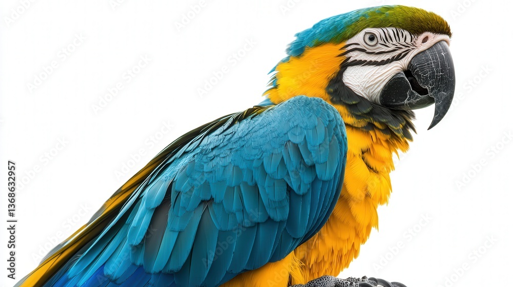 Fototapeta premium Vibrant blue and yellow parrot perched against a bright background.
