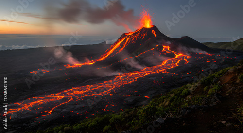 Erupting Volcano Flows Lava at Sunset Landscape on Reunion Island