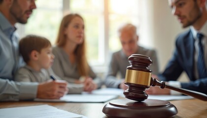 Family meeting with lawyer. Gavel foreground justice. Group discusses legal matters. Divorce, child custody, property division, family law. Serious face expressions, support. Consultation in court.