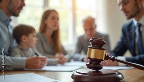 Family meeting with lawyer. Gavel foreground justice. Group discusses legal matters. Divorce, child custody, property division, family law. Serious face expressions, support. Consultation in court.