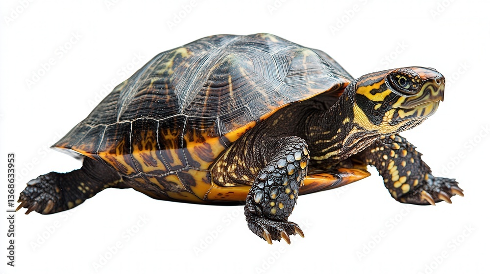Obraz premium Close-up of a turtle with intricate shell patterns against a white background.