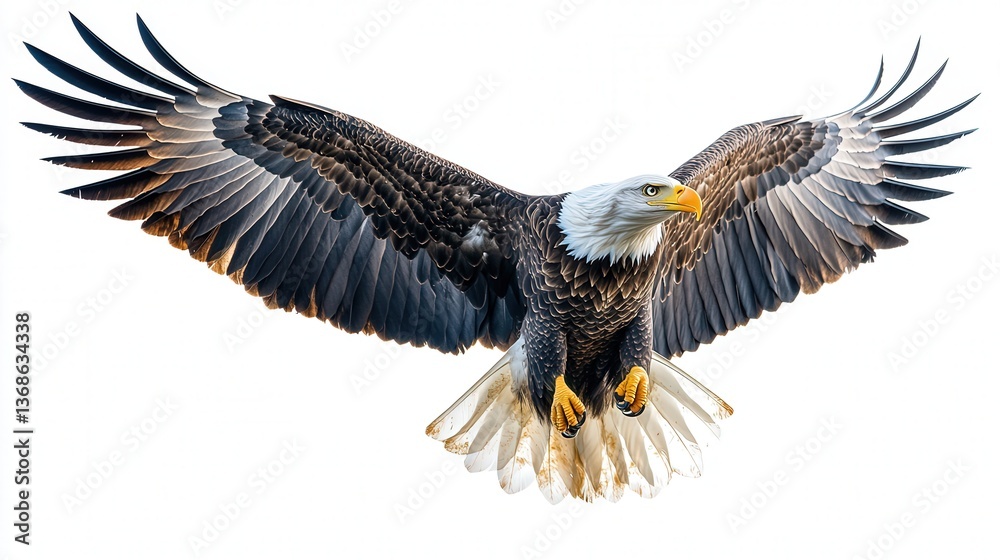 Fototapeta premium Majestic bald eagle soaring with wings spread against a bright sky.