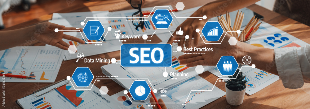 Explore effective SEO strategies for digital marketing. This image showcases collaborative planning, keyword analysis, and best practices to achieve online success. Amity