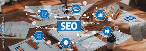 Explore effective SEO strategies for digital marketing. This image showcases collaborative planning, keyword analysis, and best practices to achieve online success. Amity