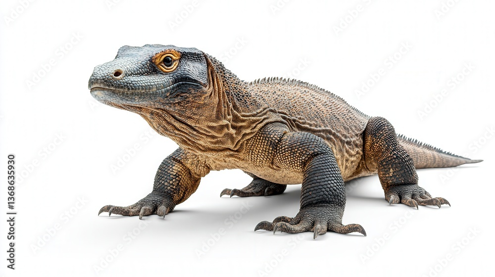 Obraz premium Close-up of a Komodo dragon on a white background showcasing its detailed scales.