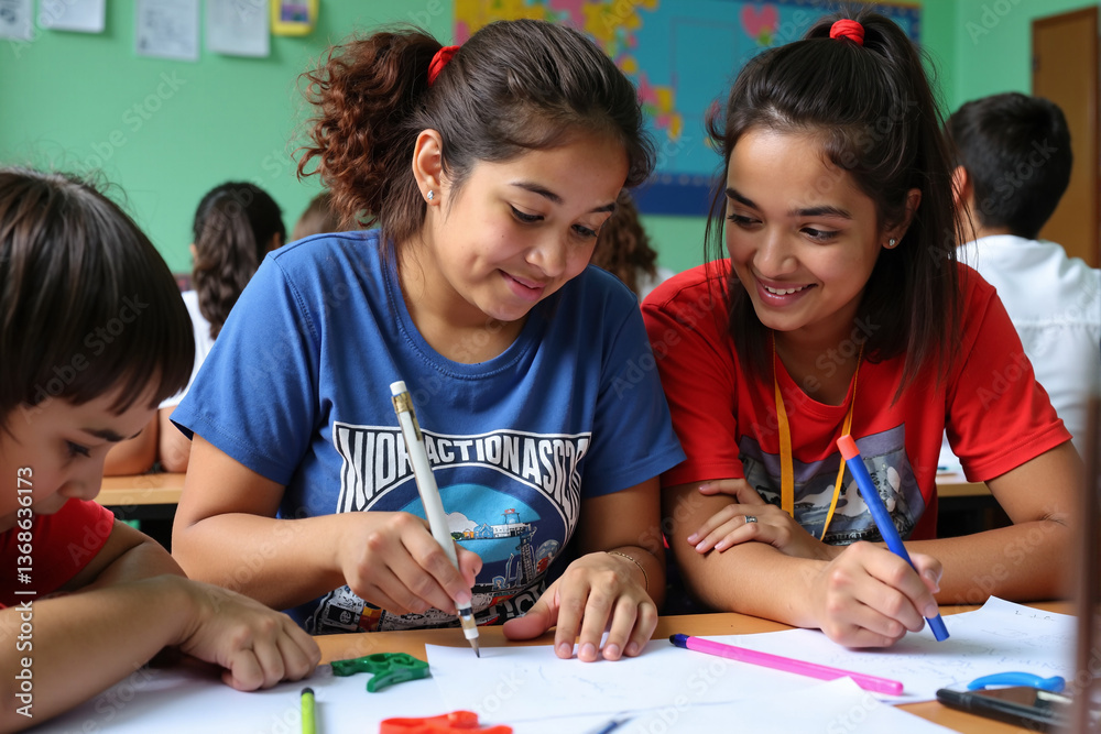 Fototapeta premium Two girls, one in blue and one in red, smile as they draw on paper at a classroom desk. A green wall with a world map and other students in the background create a lively, creative atmosphere
