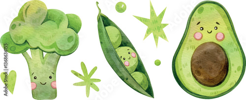 Watercolor hand painting vegetables set. Illustration isolated on white background. Fruits, broccoli, green peas, confetti. Use it for cards, invitations and scrapbooking.