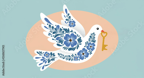 Wallpaper Mural Decorative dove with floral design holding key in beak on oval background vector illustration Torontodigital.ca
