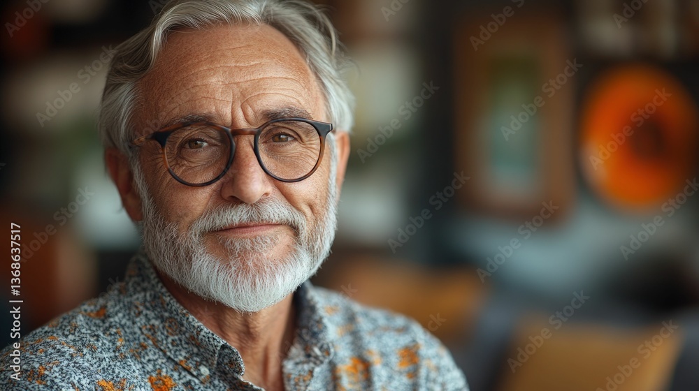 Serene senior man with glasses smiles gently.