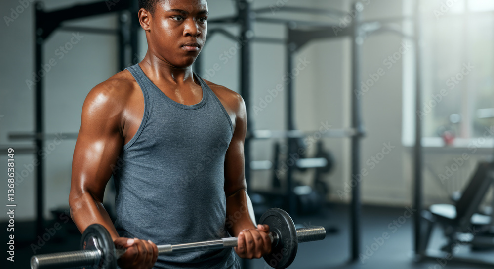Fototapeta premium Focused young man lifting weights in the gym for strength training
