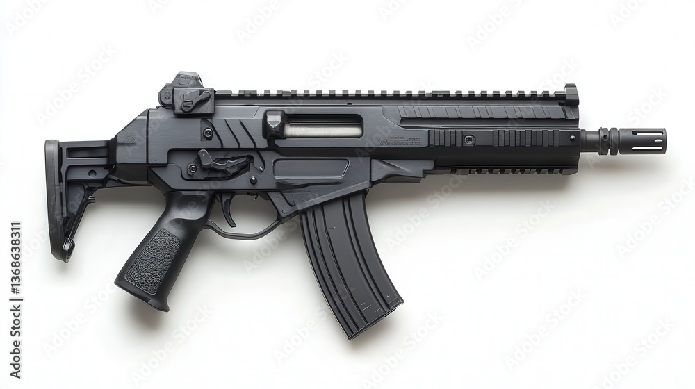 A compact black assault rifle on a plain white background.