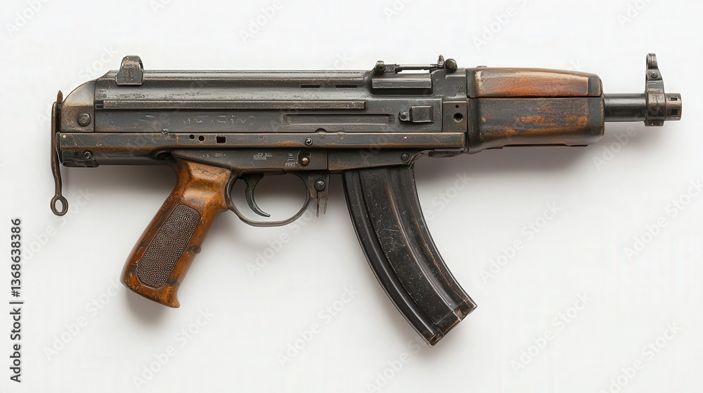 Fototapeta premium Vintage assault rifle with a wooden grip and metal components on a white background.