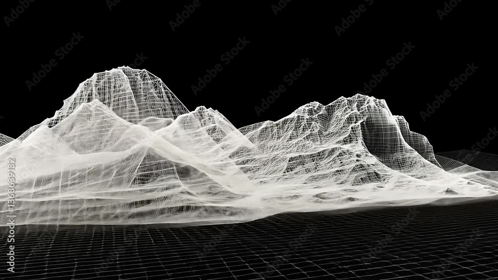 Abstract 3D wireframe landscape showcasing mountain peaks against a black background