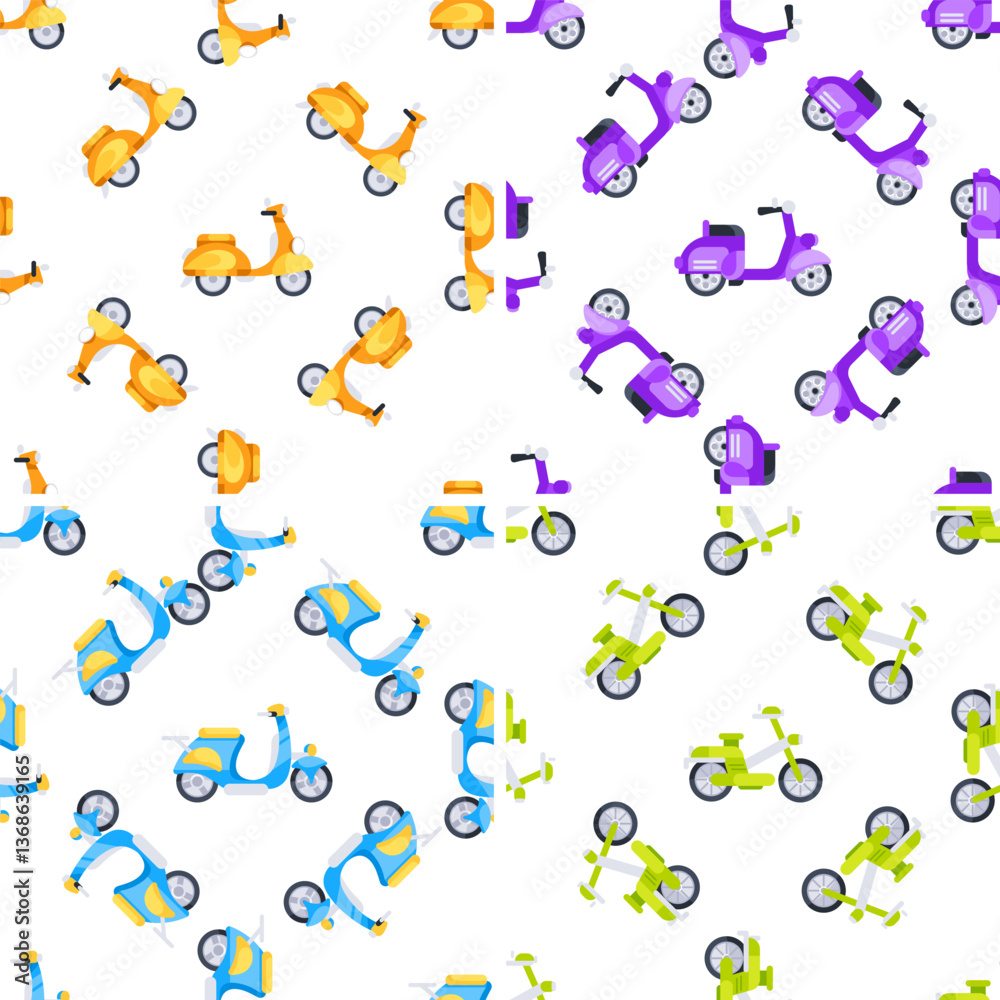 Colorful scooters and bikes composing a seamless pattern over white background Colorful scooters and bikes composing a seamless pattern over white background
