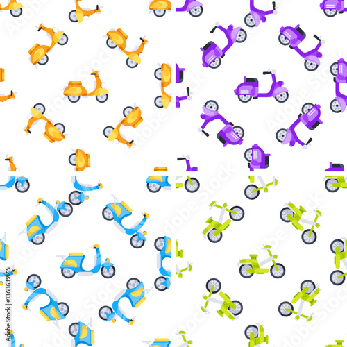 Colorful scooters and bikes composing a seamless pattern over white background