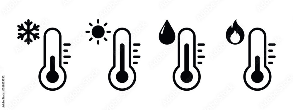Hot and cold temperature vector icons set isolated on white background. Thermometers with snowflake, sun, flame and water drop. Winter and summer weather. Air condition collection. Hot and cold temperature vector icons set isolated on white background. Thermometers with snowflake, sun, flame and water drop. Winter and summer weather. Air condition collection.