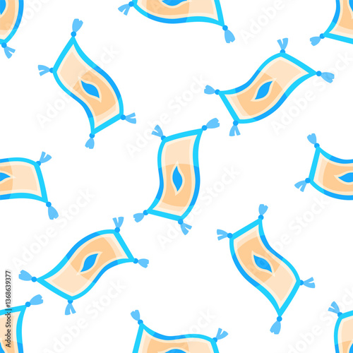 Seamless pattern with magic flying carpets soaring through white background