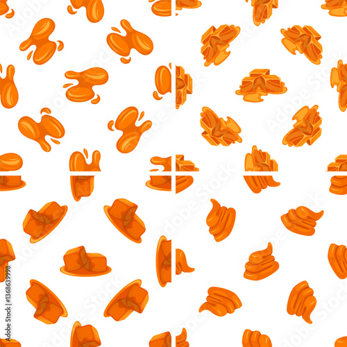 Sweet caramel candies and sauce seamless pattern on white background