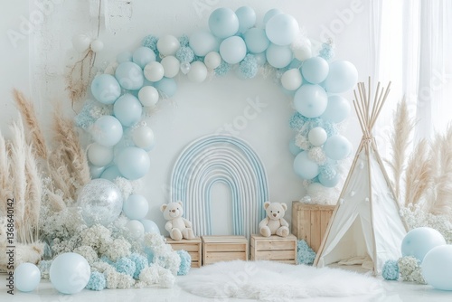 Pastel blue balloon arch with teddy bears boho rainbow and teepee